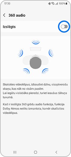 "360 audio” ekrāna skats ar izceltu pārslēgšanas pogu.
