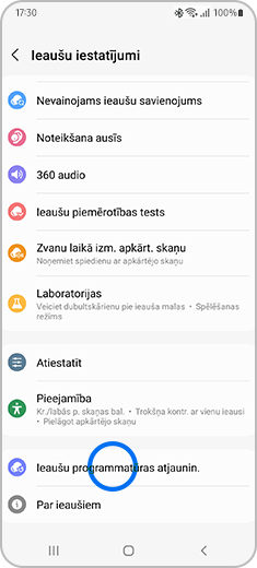 Skatiet "Ieaušu iestatījumi" ekrānu ar izceltu "Ieaušu programmatūras atjaunin."