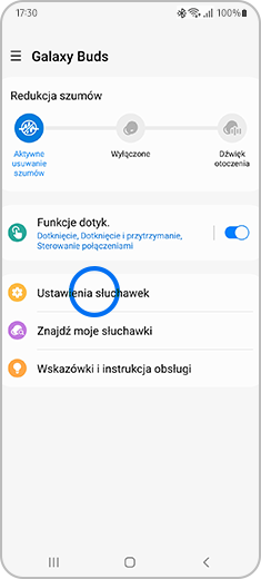 Widok ekranu aplikacji Galaxy Wearable z informacją o połączonych słuchawkach Galaxy Buds