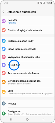 Widok ekranu „Ustawienia słuchawek” z zaznaczoną opcją „Dźwięk 360”