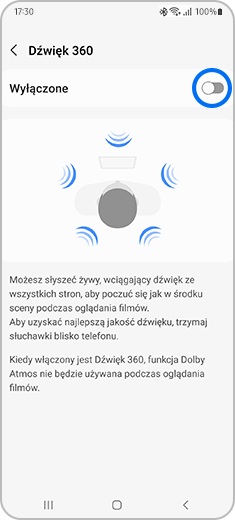 Widok ekranu „Dźwięk 360” z zaznaczonym przełącznikiem.