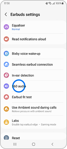 View of the "Earbuds settings" screen with the "360 audio" option highlighted.