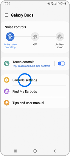 View of the Galaxy Wearable app with Galaxy Buds connected.