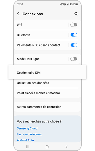 Gestionnaire SIM sélectionné sous Connexions.