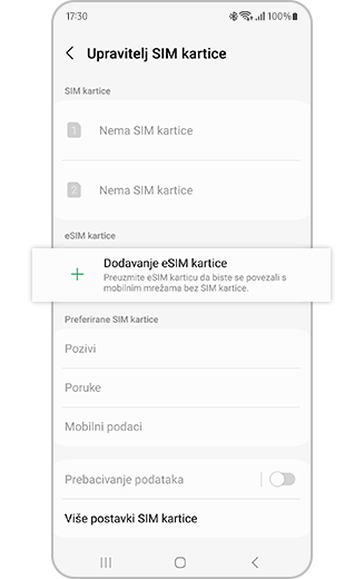 Prikaz opcije Dodavanje eSIM kartice odabrane u opciji Upravitelj SIM kartice.