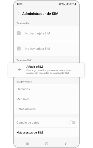 Vista de Añadir eSIM seleccionado en Gestor de SIM.
