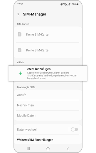 „eSIM hinzufügen“ ausgewählt unter „SIM-Kartenverwaltung“.
