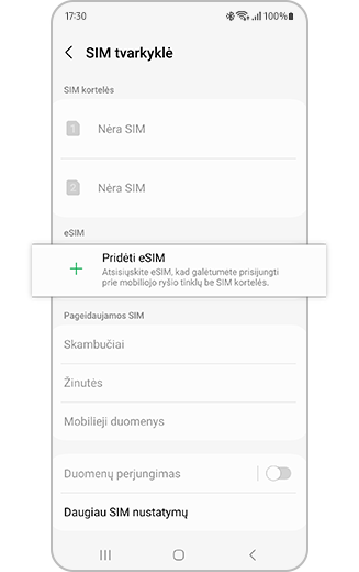 SIM kortelių tvarkyklėje pasirinkto elemento „Pridėti eSIM“ vaizdas.