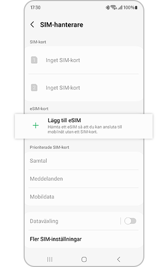 Vy över Lägg till eSIM vald i SIM-hanteraren.