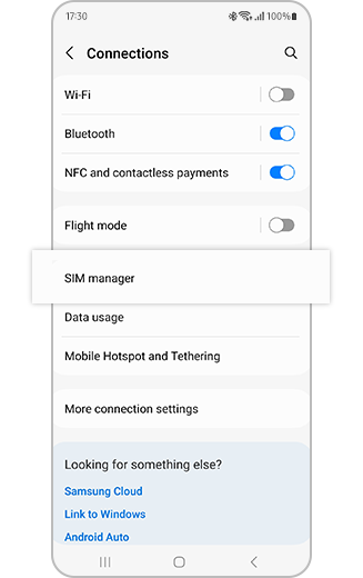View of SIM manager selected in Connections.