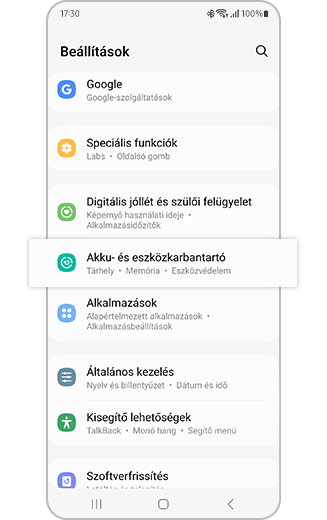 Kép, amelyen az Akku- és eszközkarbantartó lehetőség ki van emelve.