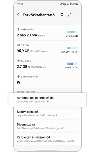Kép, amelyen az Automatikus optimalizálás beállítás ki van emelve.