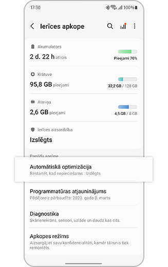 Izcelta Automātiskās optimizācijas iestatījumsskats.
