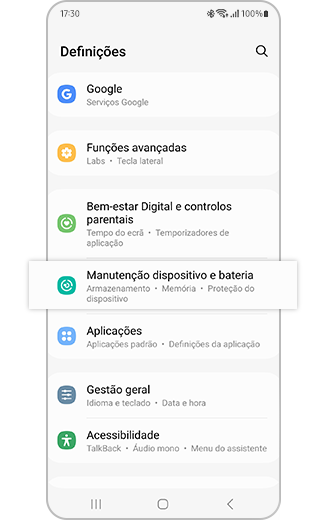 Vista da definição Manutenção dispositivo e bateria destacada.