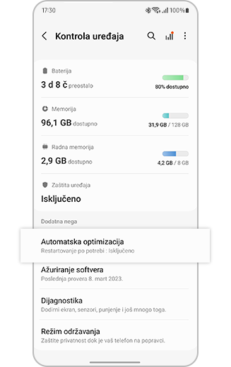 Prikaz istaknutog podešavanja „Automatska optimizacija“.
