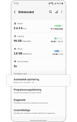 Bild där inställningen Automatisk optimering är markerad.