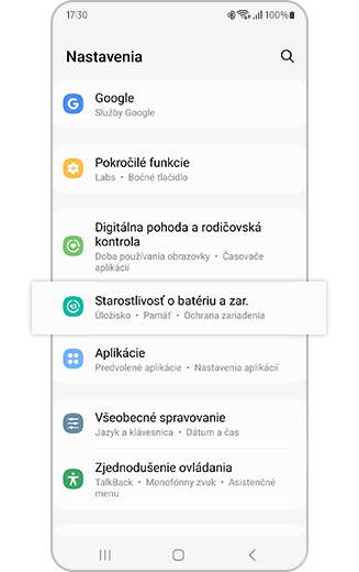 Zobrazenie so zvýrazneným nastavením Starostlivosť o batériu a zariadenie.