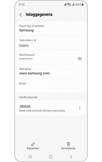 Afbeelding van Samsung Pass aanmeldingsgegevens met de optie om de verificatiecode te kopiëren.
