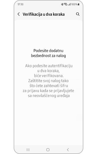 Prikaz podešavanja bezbednosti za aplikaciju ili veb-sajt u dva koraka.