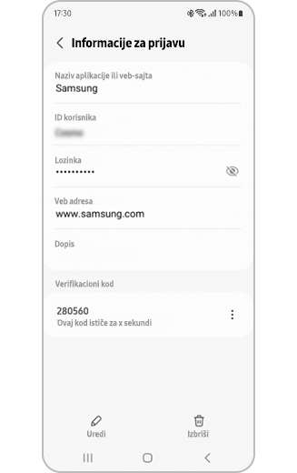 Prikaz detalja za prijavu na Samsung Pass sa opcijom kopiranja verifikacionog koda.