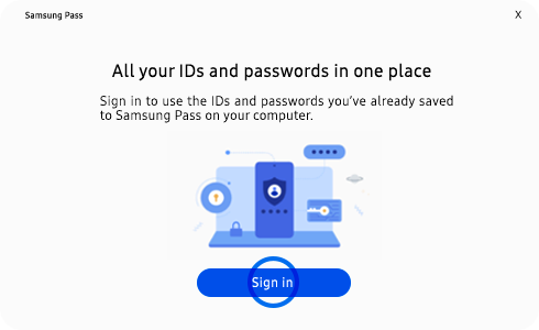 View of Samsung Pass PC app sign in page.