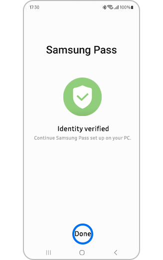 View of Samsung Pass mobile identity verified screen.