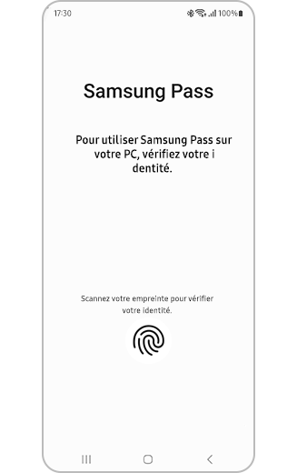 Page de vérification de l'application mobile Samsung Pass.