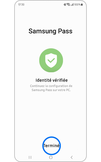 Écran Identité vérifiée de Samsung Pass mobile.