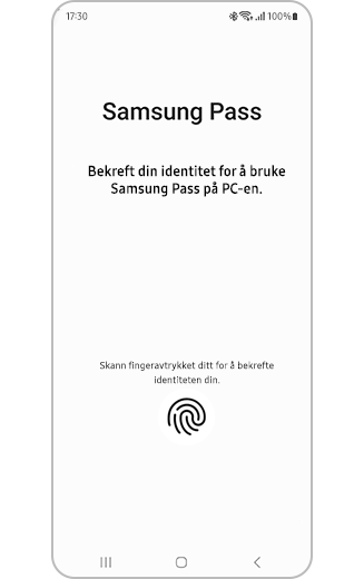 Visning av Samsung Pass-appens bekreftelsesside for mobil.