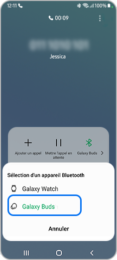 Vue du menu pop-up « Sélection d'un appareil Bluetooth » d'un smartphone avec l'option « Galaxy Buds » en surbrillance.