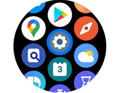 Xem màn hình chính của Samsung Watch với tùy chọn Cài đặt được làm nổi bật.