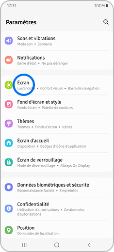 Étape 1. Allez dans les paramètres de l'appareil et cliquez sur l'option « Écran » dans la liste.
