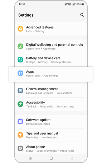 View of App option highlighted within the Settings menu.