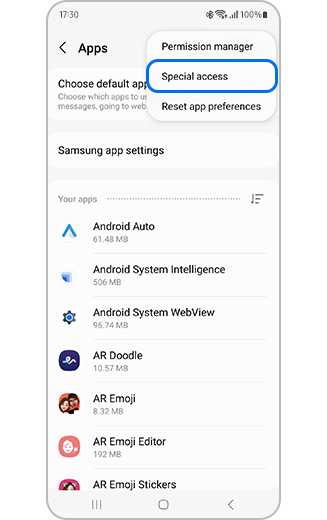 View of Special access option highlighted.