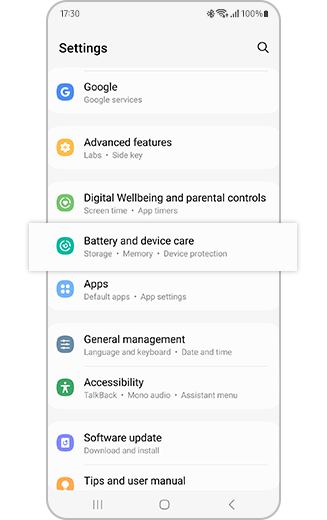 View of Battery and device care highlighted within the Settings menu.