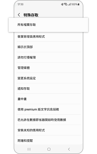 「特殊存取權限」選單中「所有檔案存取」選項的視圖。