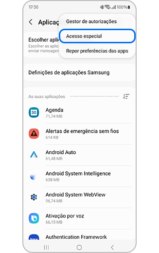 Vista da opção de Acesso especial em destaque.