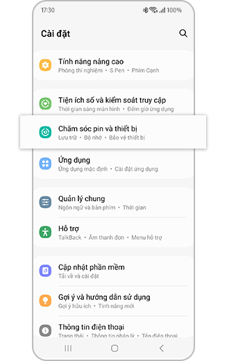 Hình ảnh mục Chăm sóc pin và thiết bị được đánh dấu trong menu Cài đặt.