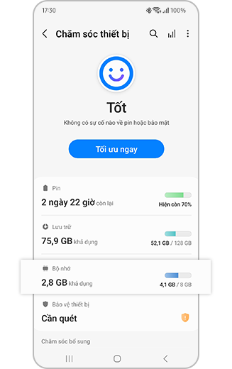 Hình ảnh tùy chọn Bộ nhớ được đánh dấu trong menu Chăm sóc thiết bị.