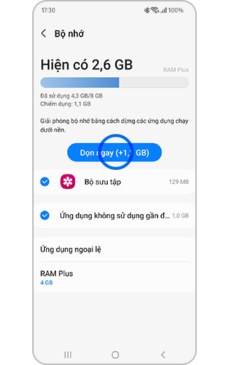 Hình ảnh nút Dọn ngay được đánh dấu.