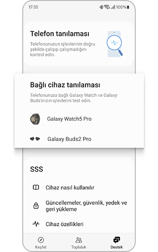 Vurgulanan bağlı cihazlar ile Galaxy Members destek ekranının görünümü.