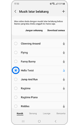 Tampilan Musik yang dipilih.