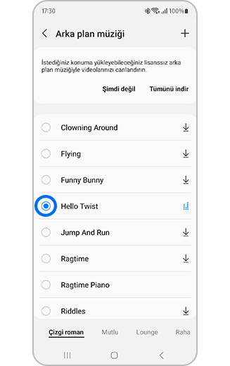 Müzik seçiminin görüntüsü.