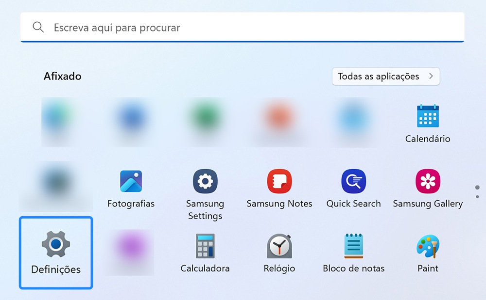 Vista das opções de Definições.