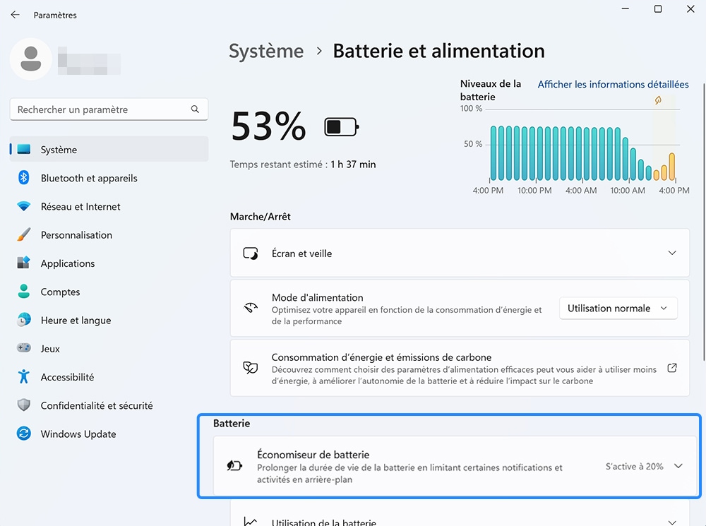 Vue de l’option Économiseur de batterie.