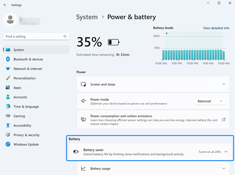 View of Battery saver option.
