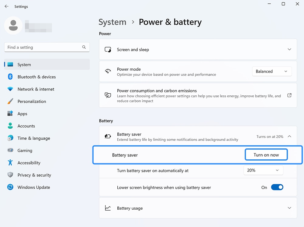 View of Battery saver option with turn on highlighted.