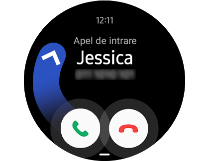 Imagine cu un apel primit pe un ceas Galaxy Watch, cu un gest de apăsare și glisare în sus pe butonul de preluare a apelului.
