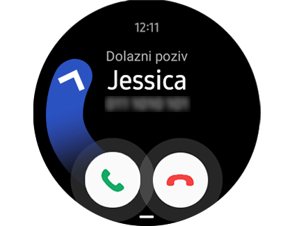 Prikaz dolaznog poziva na satu Galaxy Watch sa pritiskom na dugme za prijem poziva i pokretom prevlačenja ga naviše.