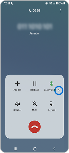 View of a call screen of a smartphone with arrow below the Bluetooth icon highlighted.